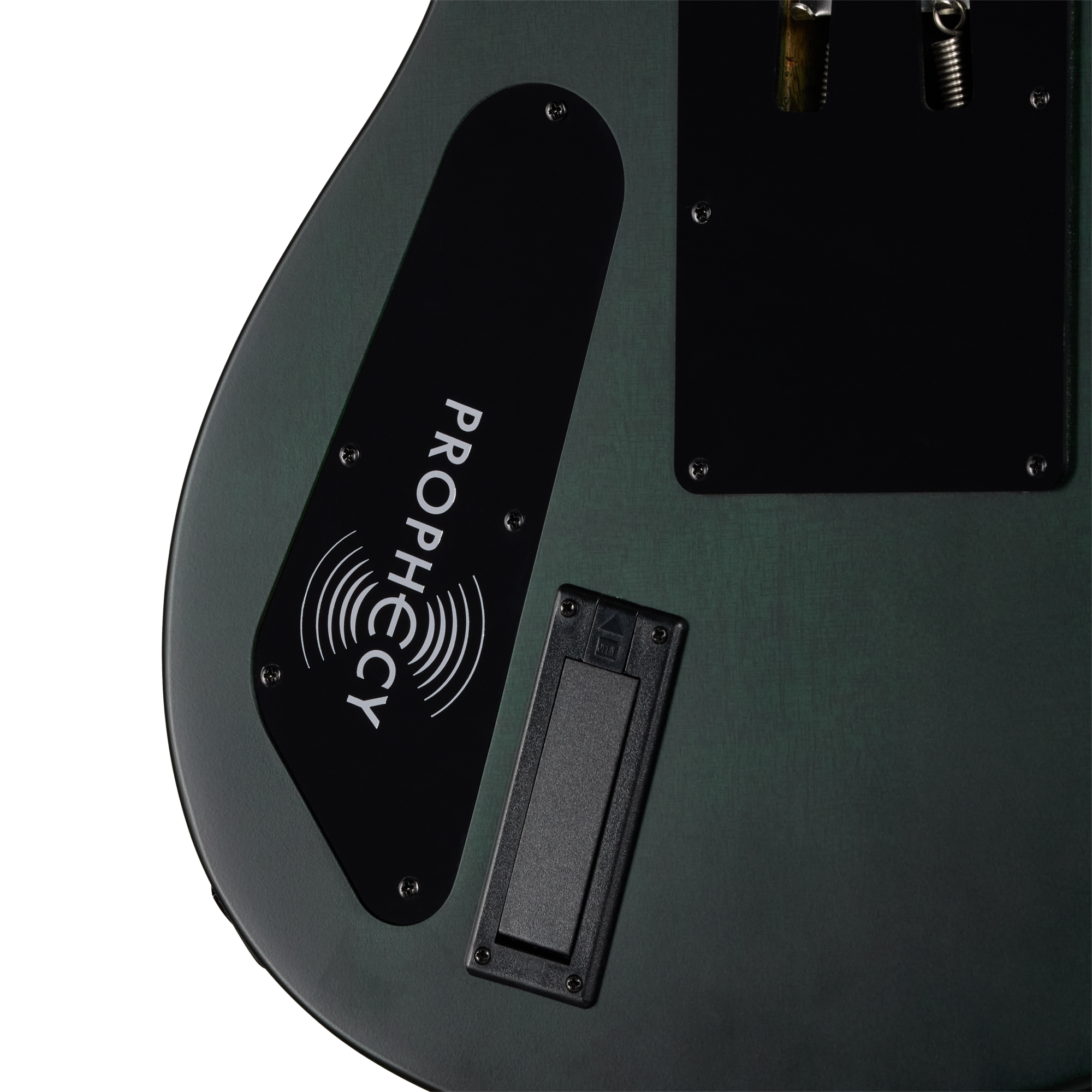 E-Gitarre, dunkelgrüner Korpus, schwarze Rückseite, mattes Finish, Solidbody